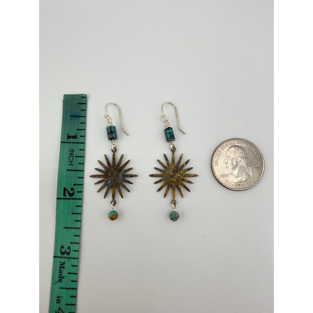 NEW Artisan Handcrafted Turquoise Sunburst Patina Metal Dangle Earrings - Picture 8 of 8